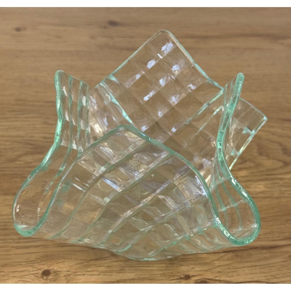 Unbranded Handkerchief Bowl Home Decor Green Slumped Waffle Glass Art Signed